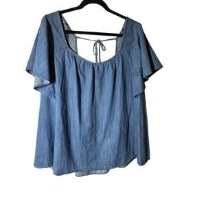 Old Navy Top Women's 4X Flutter Sleeve Jean‎ Blouse Flowy Tie Back Denim